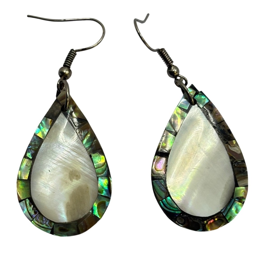 Vintage Abalone Mother of Pearl Teardrop Mosaic Inlay Dangle Earrings Iridescent
